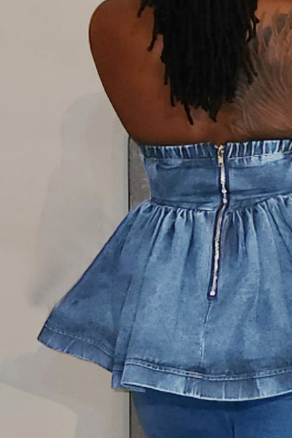 Denim Ruffle Hem Tube Top