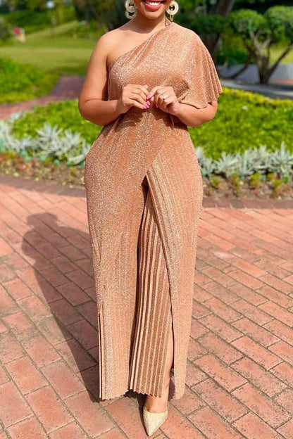 One Shoulder Glitter Pleated Jumpsuit