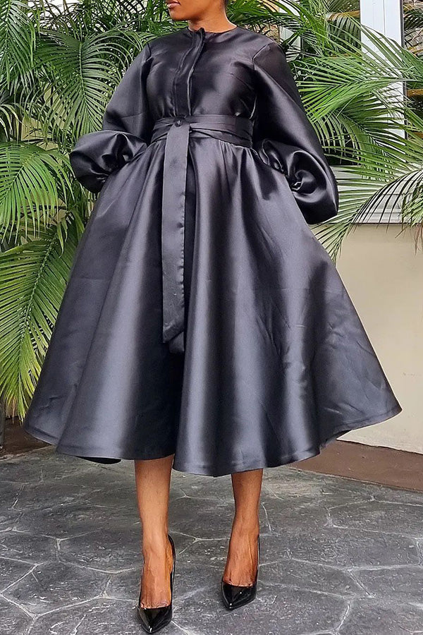 Luxury Balloon Sleeve Belted A-line Dress