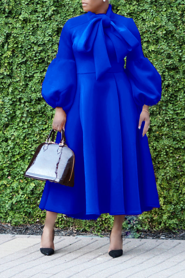 Elegant Bow Tie Lantern Sleeve Midi Dress