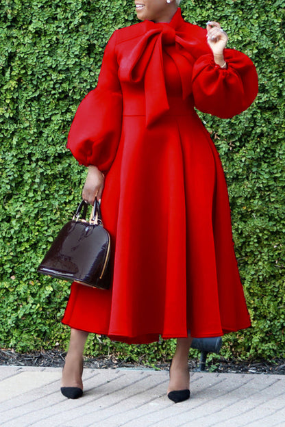 Elegant Bow Tie Lantern Sleeve Midi Dress