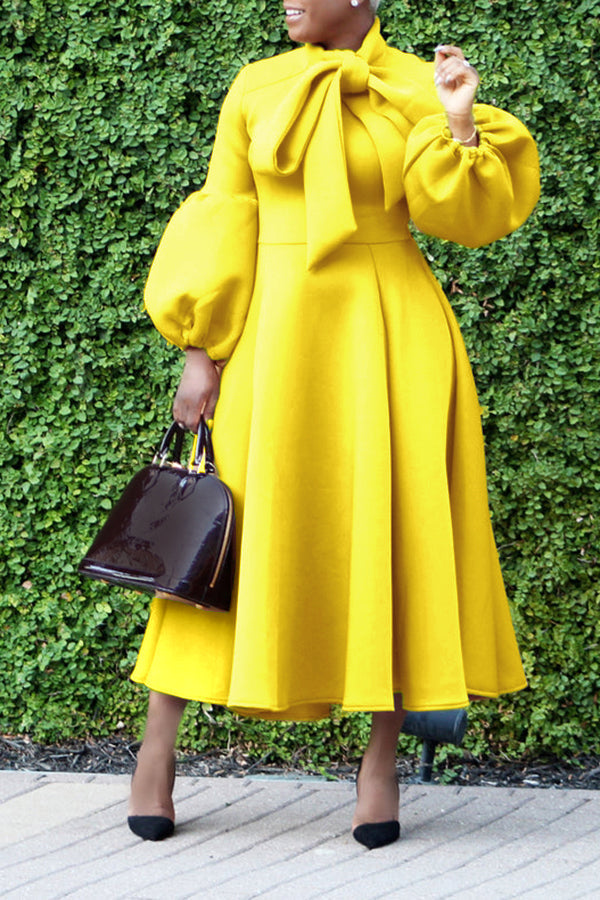 Elegant Bow Tie Lantern Sleeve Midi Dress