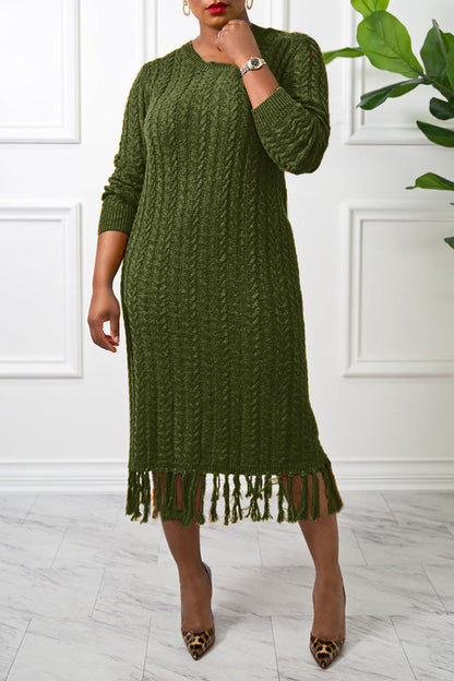 Cable Knit Fringe Trim Sweater Dress