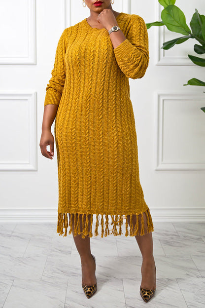 Cable Knit Fringe Trim Sweater Dress