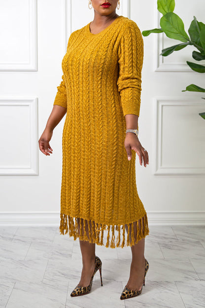 Cable Knit Fringe Trim Sweater Dress