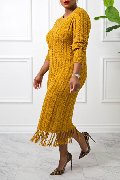 Cable Knit Fringe Trim Sweater Dress