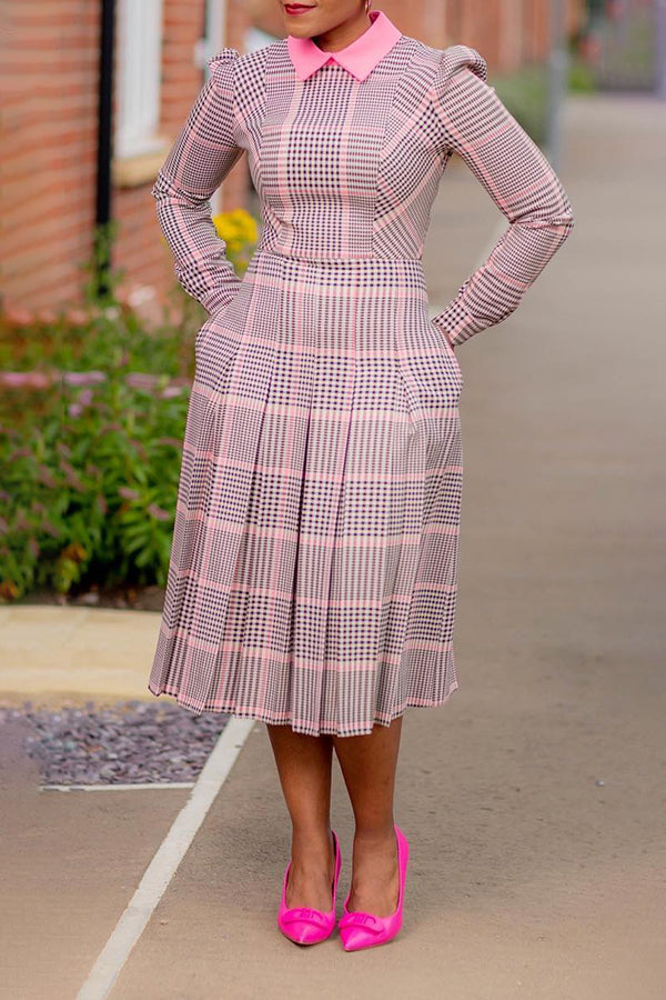 Classic Plaid Pleated Midi Dress