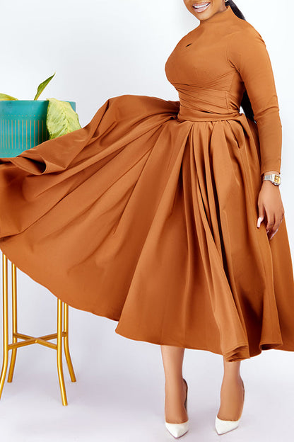 Elegant Mock Neck Belted Flare Dress