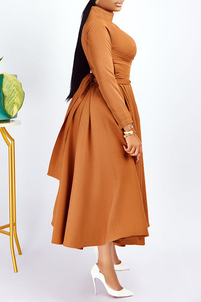 Elegant Mock Neck Belted Flare Dress