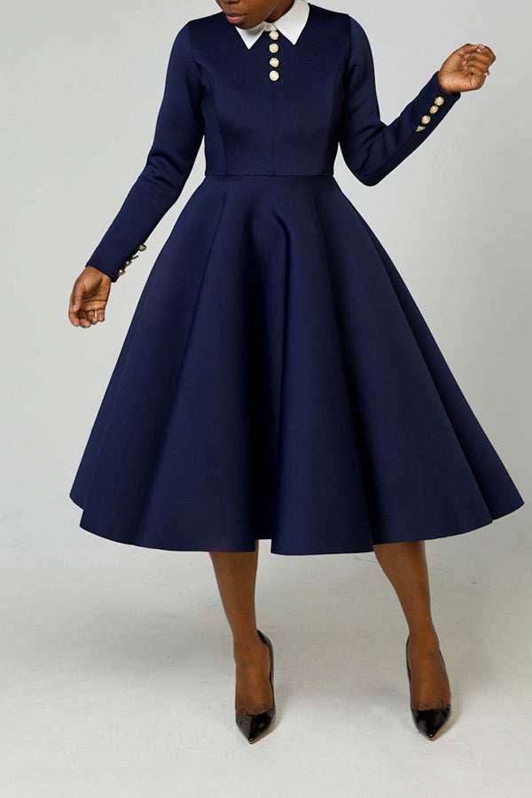 Elegant Lapel Button Classic Midi Dress