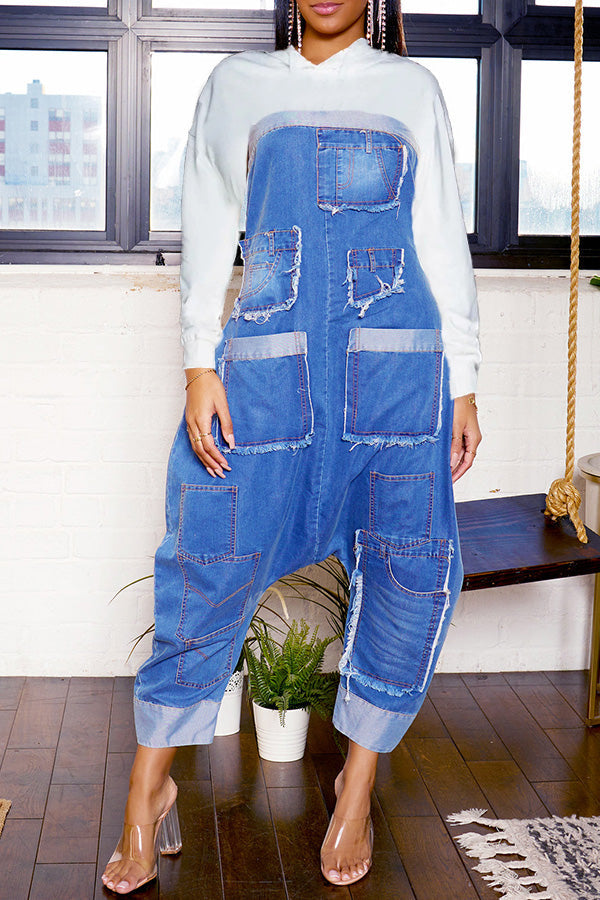 Stylish Patched Pocket Denim Jumpsuit