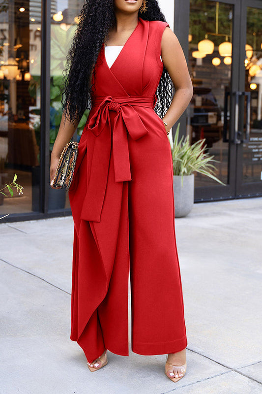 Stylish Surplice Front Belted Wide Leg Jumpsuit