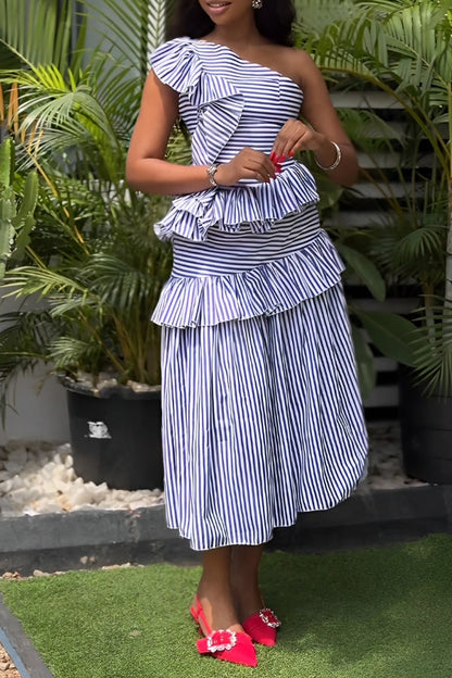 Stylish Striped Layered Ruffle Dress