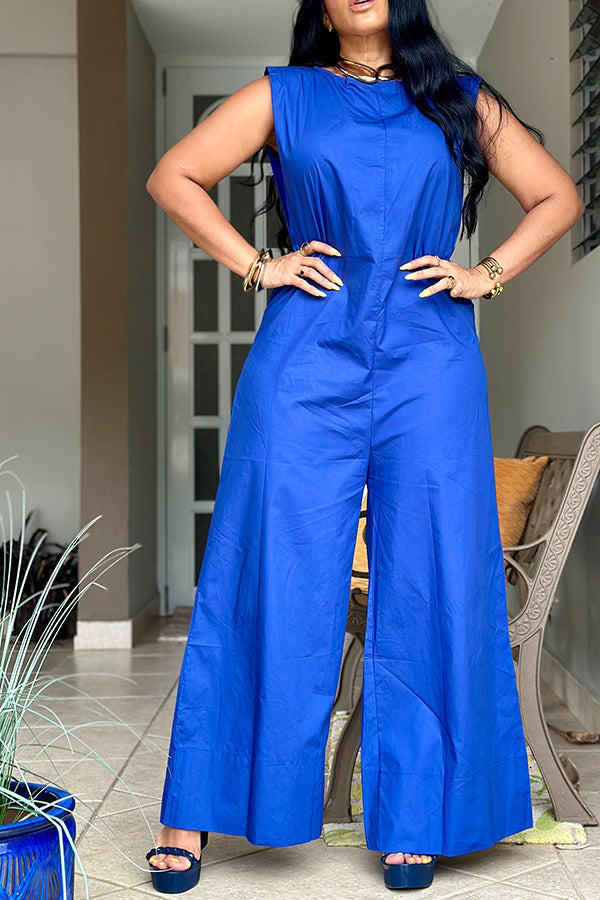 Casual Solid Sleeveless Wide Leg Jumpsuit