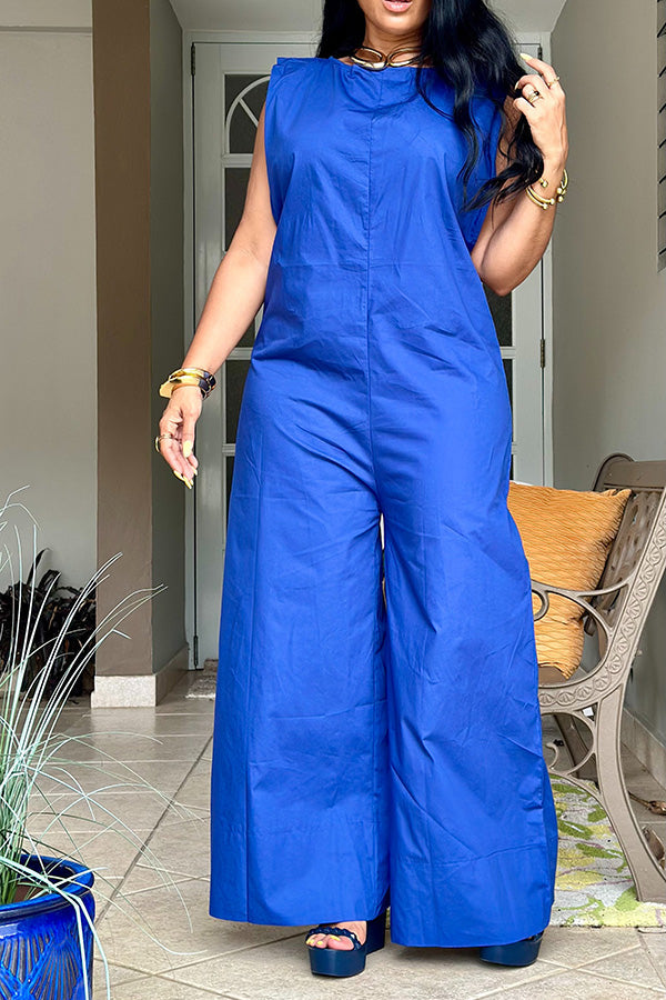 Casual Solid Sleeveless Wide Leg Jumpsuit