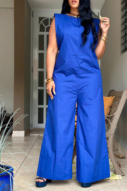 Casual Solid Sleeveless Wide Leg Jumpsuit