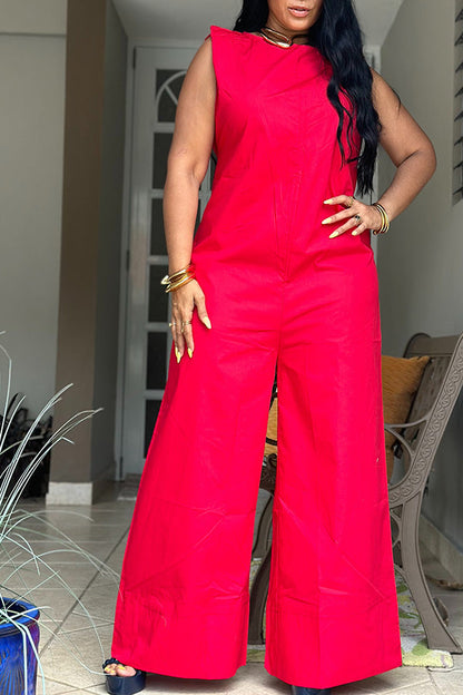 Casual Solid Sleeveless Wide Leg Jumpsuit