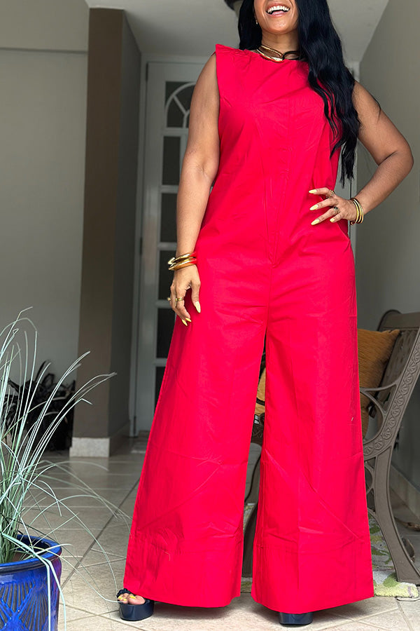 Casual Solid Sleeveless Wide Leg Jumpsuit