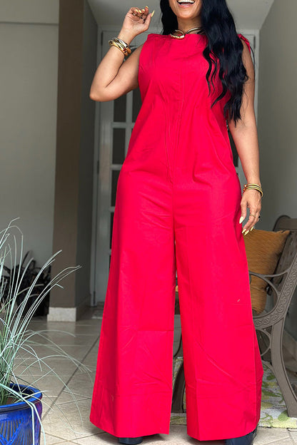 Casual Solid Sleeveless Wide Leg Jumpsuit