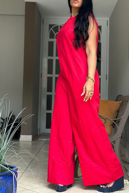 Casual Solid Sleeveless Wide Leg Jumpsuit