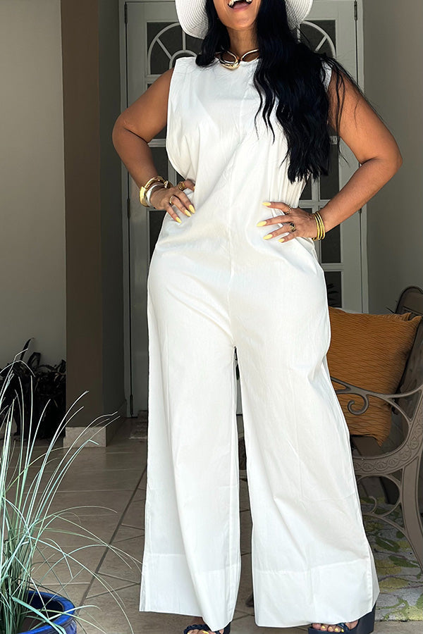 Casual Solid Sleeveless Wide Leg Jumpsuit