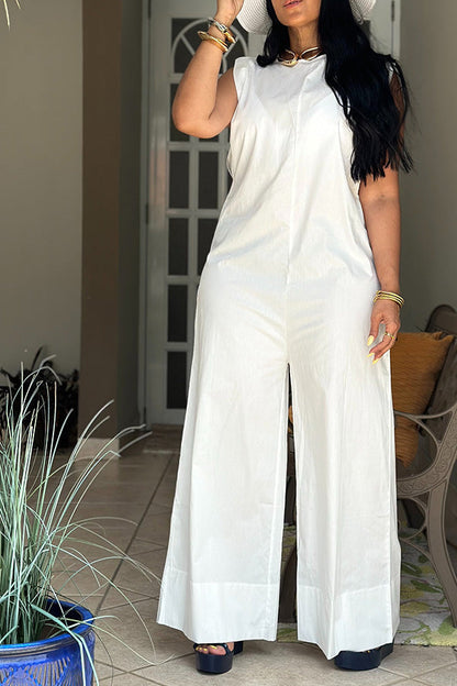 Casual Solid Sleeveless Wide Leg Jumpsuit