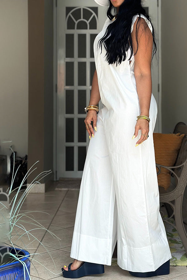 Casual Solid Sleeveless Wide Leg Jumpsuit