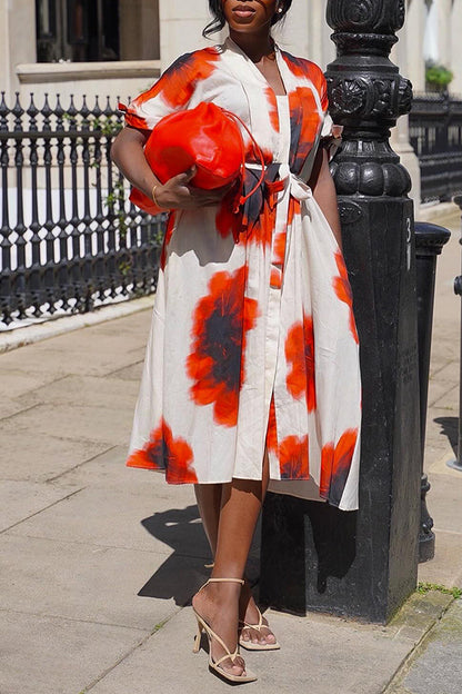 Feminine Floral Print Belted Dress