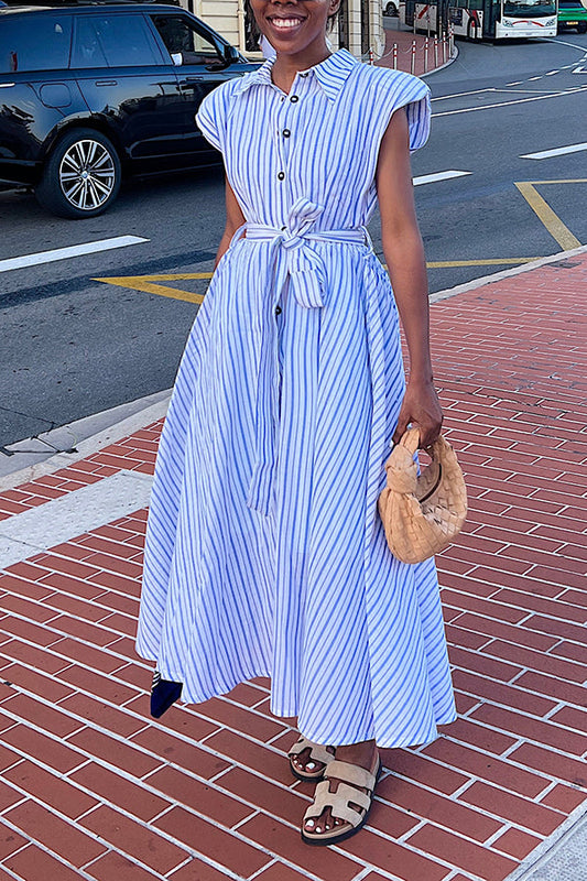 Casual Shoulder Padded Striped Dress