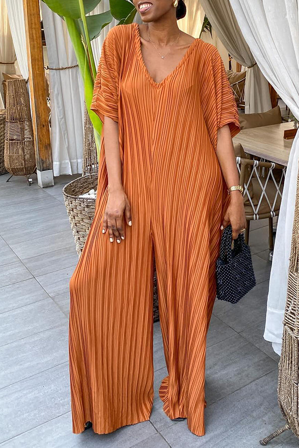 Casual Pleated V Neck Jumpsuit