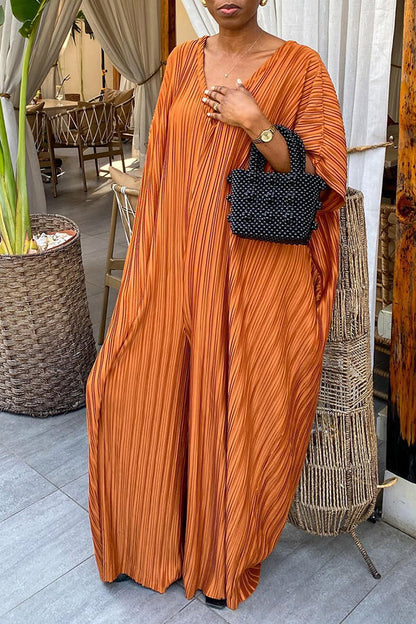 Casual Pleated V Neck Jumpsuit