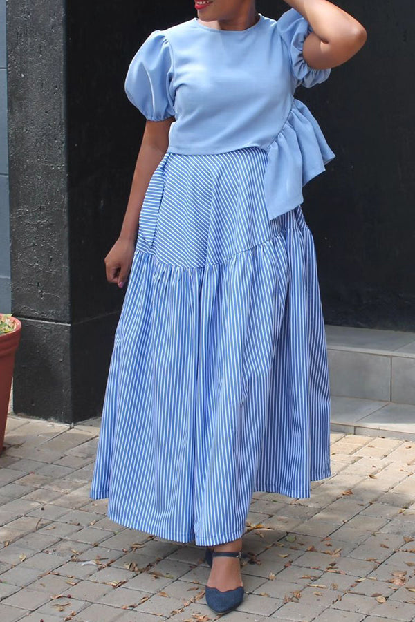 Chic Puff Sleeve Asymmetrical Hem Top & Striped Skirt Set