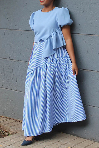 Chic Puff Sleeve Asymmetrical Hem Top & Striped Skirt Set