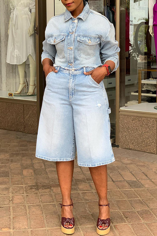 Casual Denim Light Washed Top & Shorts Set