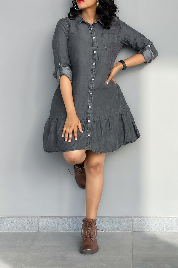 Casual Ruffle Hem Denim Shirt Dress