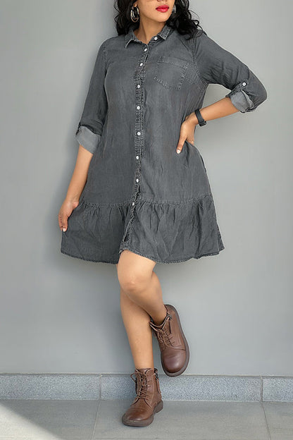 Casual Ruffle Hem Denim Shirt Dress