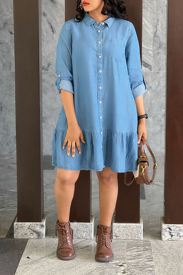 Casual Ruffle Hem Denim Shirt Dress