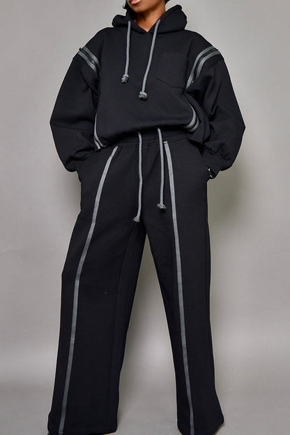 Casual Drawstring Hoodie & Wide Leg Pants Set