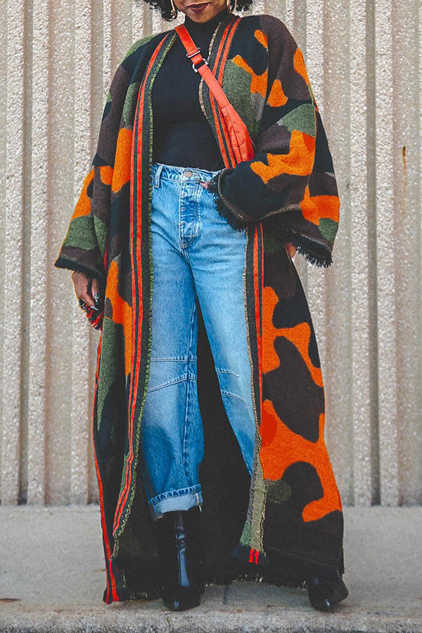 Trendy Camo Print Oversize Raw Trim Cardigan