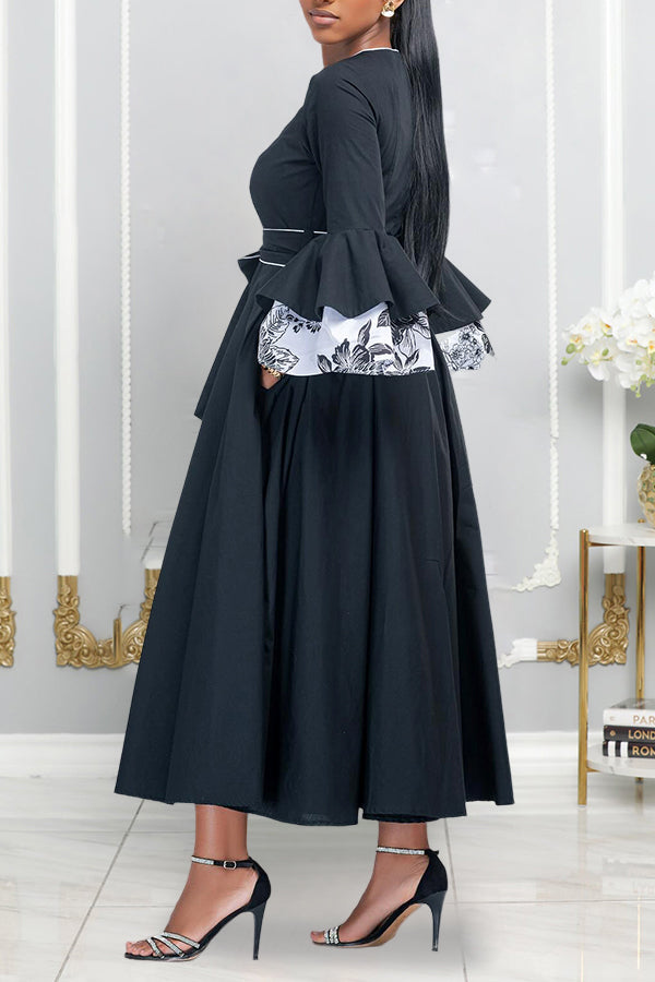 Elegant Print Layered Ruffle Sleeve Belted Dress