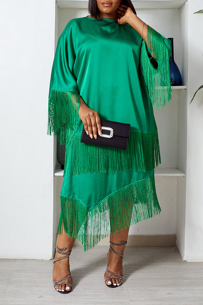 Chic Satin Fringe Blouse & Asymmetrical Skirt Set