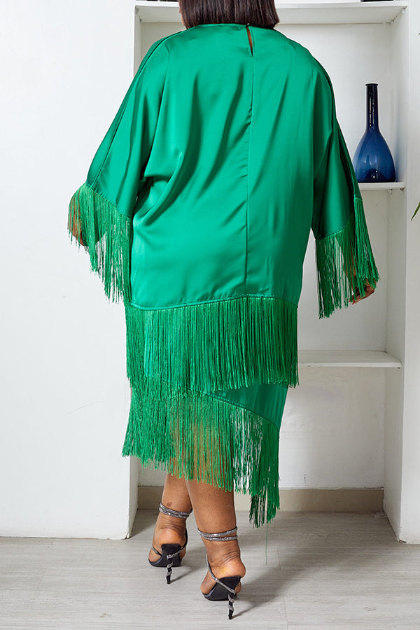 Chic Satin Fringe Blouse & Asymmetrical Skirt Set