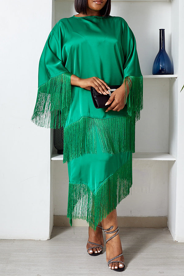 Chic Satin Fringe Blouse & Asymmetrical Skirt Set