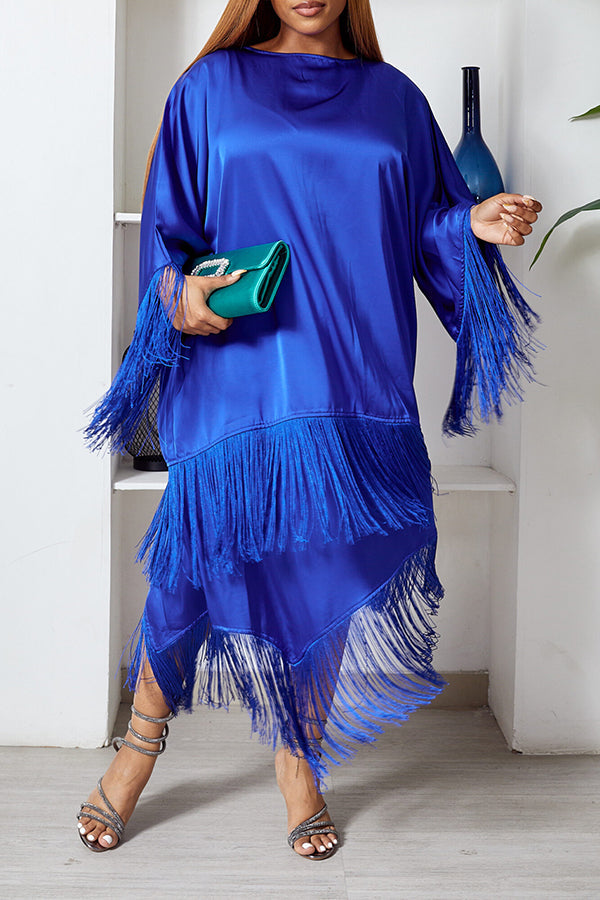 Chic Satin Fringe Blouse & Asymmetrical Skirt Set