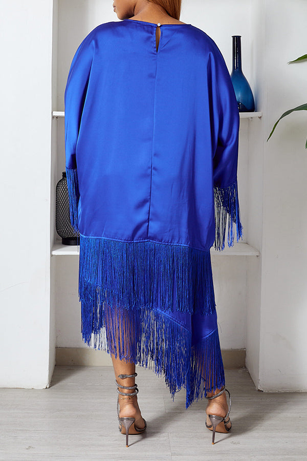 Chic Satin Fringe Blouse & Asymmetrical Skirt Set