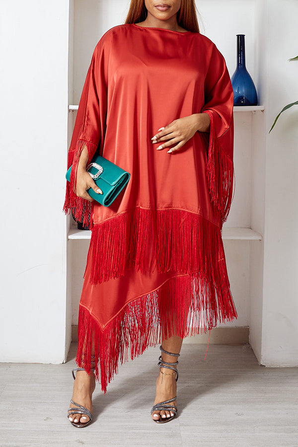 Chic Satin Fringe Blouse & Asymmetrical Skirt Set