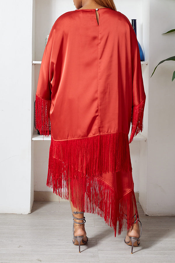 Chic Satin Fringe Blouse & Asymmetrical Skirt Set