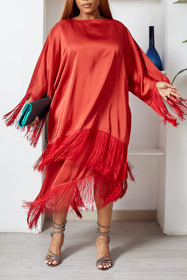 Chic Satin Fringe Blouse & Asymmetrical Skirt Set