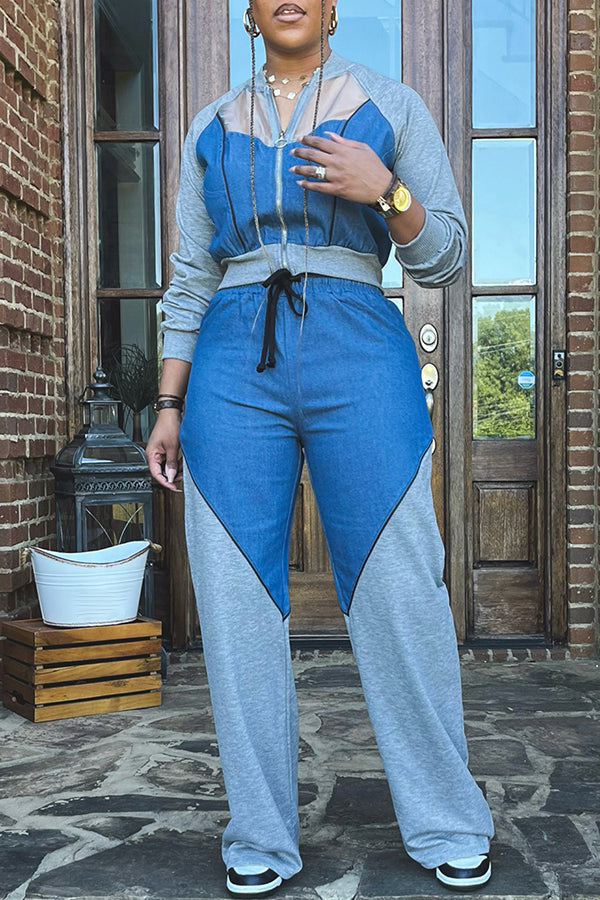 Denim Stitching Jacket & Drawstring Pants Set