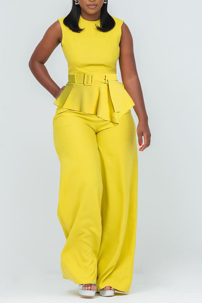 Fashionable Ruffled Sleeveless Solid Color Jumpsuit